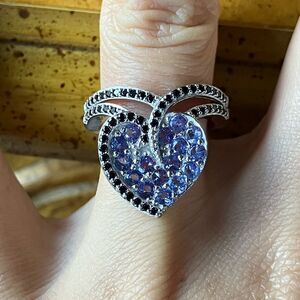 Natural Tanzanite Black Spinel Sterling Silver Heart Ring Size 7